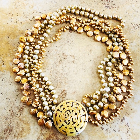 Runway Statement Estate Multi Strand Golden Baroque Pearls Carved MOP Clasp